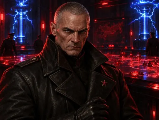 Marshal Sokolov, a Red Union marshal in a leather coat before tesla coils