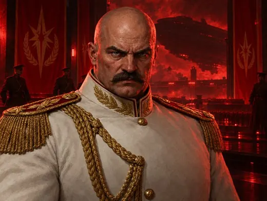 Chairman Varga in a white dress uniform with gold braid