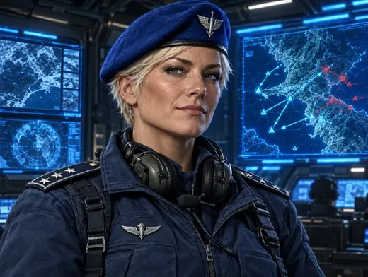 Col. Mara Voss, a Coalition colonel in a blue beret
