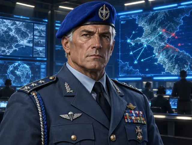 A Coalition general in a blue uniform and beret in a blue-lit command center