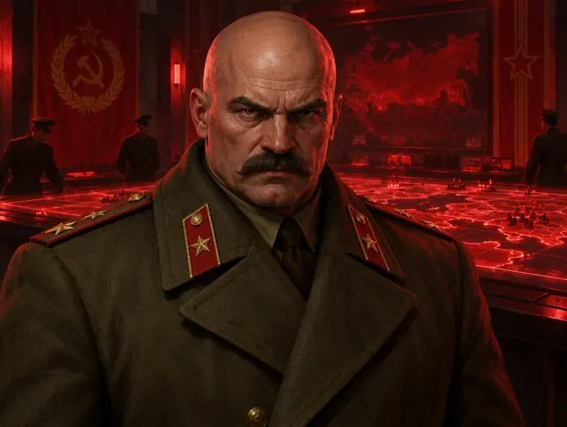 A Red Union general in an olive uniform in front of red war-room screens