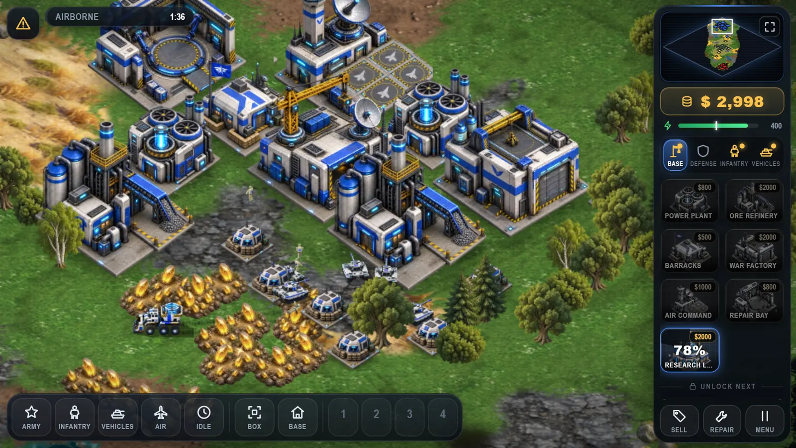 A Coalition base with a construction yard, ore refinery and power plants, as ore trucks harvest golden ore fields