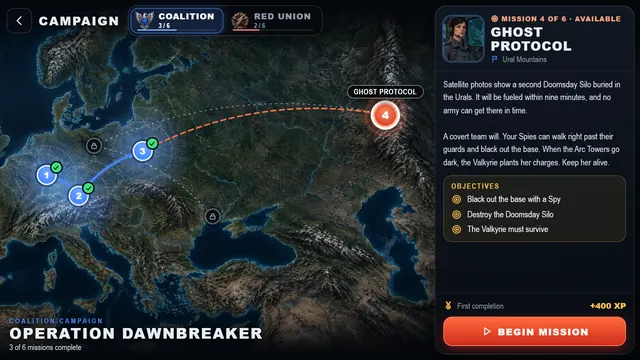 The campaign map of Europe with the mission briefing for Ghost Protocol