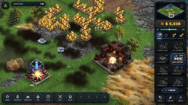A real-time battle: Red Union forces storm a base as explosions light up the ore fields