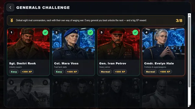 The Generals Challenge screen with eight rival generals