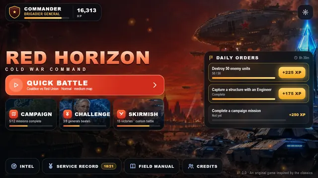 The Red Horizon main menu with Quick Battle, Campaign, Challenge, Skirmish and daily orders