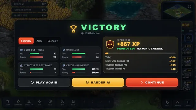 A victory screen with the battle report and experience earned