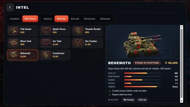 The Intel screen showing the Behemoth heavy tank and its stats